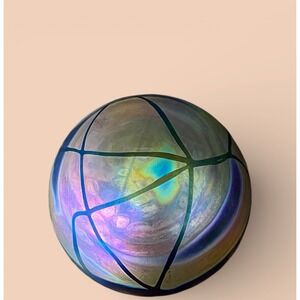 Gary Levay Sphere Shape Iridescent Aurene Black Lines Geometric Studio Art Glass